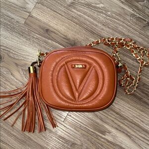Cognac Leather Crossbody with Gold Chain